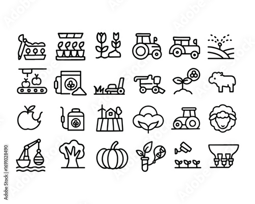 Set of line icons related to farm, farming, gardening, agriculture, smart farm, farm animals, seeding. Outline symbols collection