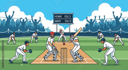 Cricket Match Vector Illustration Flat Design of Players,Stadium,Bat and Ball,Sports Infographic Icons