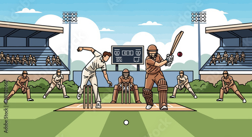 Cricket Match Vector Illustration Flat Design of Players,Stadium,Bat and Ball,Sports Infographic Icons