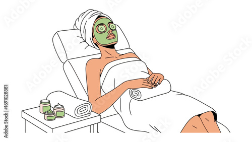 Woman relaxing with a green facial mask and cucumber slices on eyes while lying on a spa bed wrapped in a towel