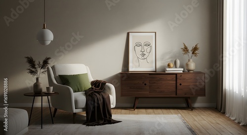 Modern Living Room Interior Design with Abstract Art and Mid-Century Furniture