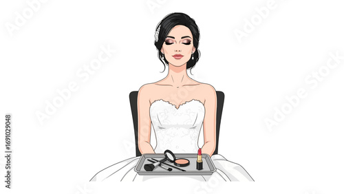 Elegant bride with dark hair wearing a strapless white wedding dress applying makeup with a tray of cosmetics in front of her