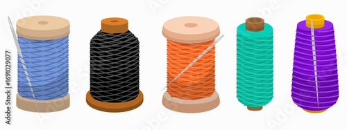 Set of sewing threads of different colors with needles isolated on white background. 3D vector illustration.