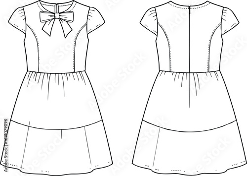 Technical flat sketch of girl’s dress front and back view, princess seams, bow neckline, gathered skirt, fashion apparel illustration
