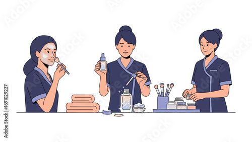 Three women in a beauty salon or spa applying skincare products and makeup with brushes and bottles on a table
