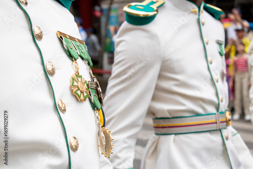 Military commanders in dress uniform with medals, Army officers in ceremonial attire, High-ranking commanders decorated with medals, Commanders in full gala uniform. High quality photo