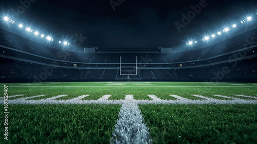 American football field at night from 50-yard line with intense floodlights and dramatic shadows.