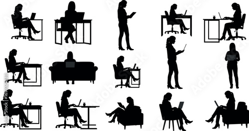 Diverse silhouettes of people working studying and relaxing with laptops and books versatile vector graphics collection