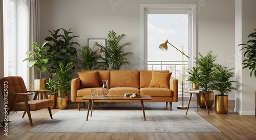 Modern Living Room Interior Design with Orange Sofa, Plants, and Natural Light