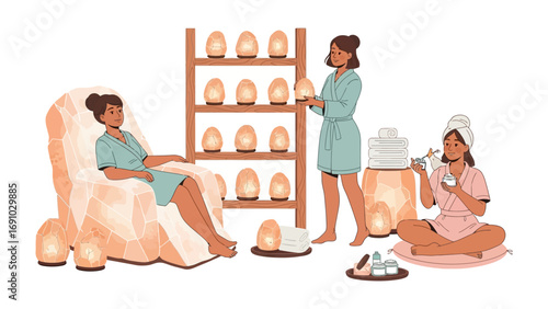 Two women enjoying a relaxing spa treatment with himalayan salt lamps and aromatherapy in a tranquil wellness center setting