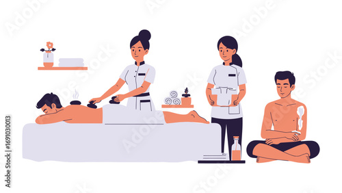 Diverse group of people receiving and providing spa treatments including massage therapy and hot stone therapy in a clean and modern wellness center setting