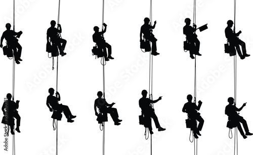 Silhouettes of rope access workers using harnesses and safety gear while suspended, performing maintenance or inspection at height.