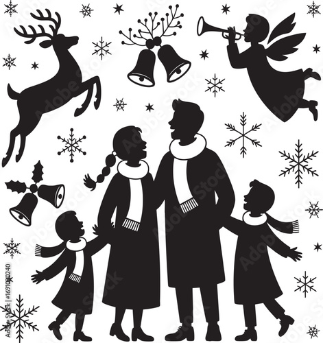 A heartwarming black and white silhouette illustration depicts a family of four (two adults and two children) dressed warmly in winter attire, likely singing carols.