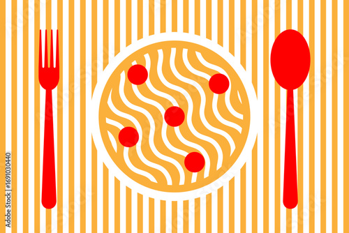 Vector illustration of spaghetti and cutlery in a striped pattern