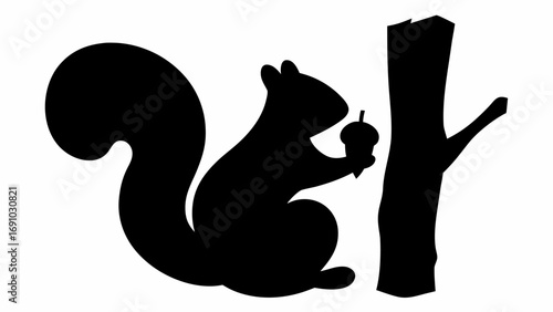 Silhouette of a squirrel holding an acorn next to a tree with a branch on a white background