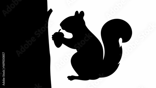 Silhouette of a squirrel holding an acorn next to a tree trunk in a black and white illustration