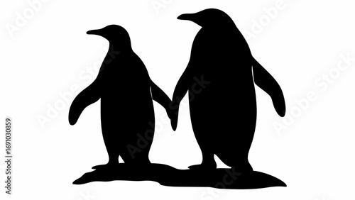 Silhouette of two penguins holding hands standing on a surface against a white background in a simple design