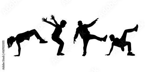 Children dancing street dance silhouette vector illustration. Hip hop, break dance, juzz funk, rap, freestyle .Children Jumping Silhouettes
