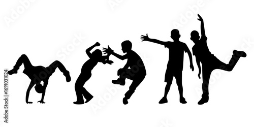Children dancing street dance silhouette vector illustration. Hip hop, break dance, juzz funk, rap, freestyle .Children Jumping Silhouettes
