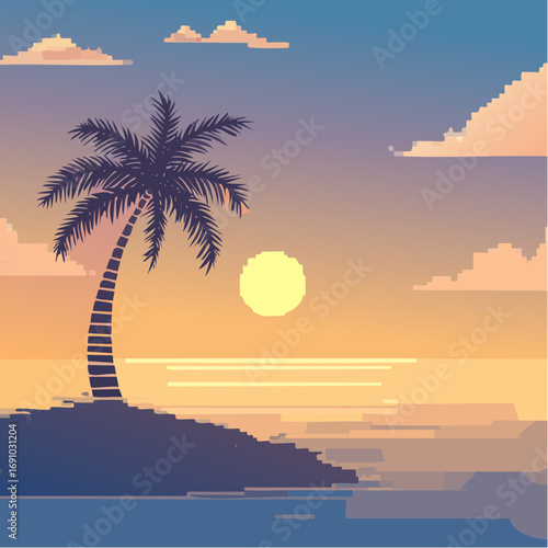 silhouette palm tree on an island, against gradient sky with sun