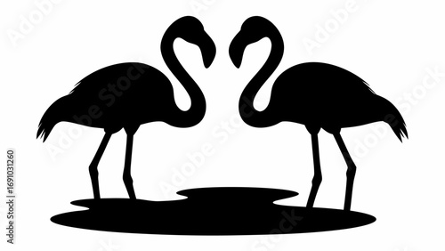 Silhouette of two flamingos facing each other standing in water with curved necks forming a heart shape