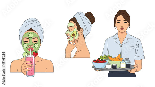 Woman enjoying a healthy spa day with a refreshing fruit smoothie and a nutritious meal served by a professional attendant