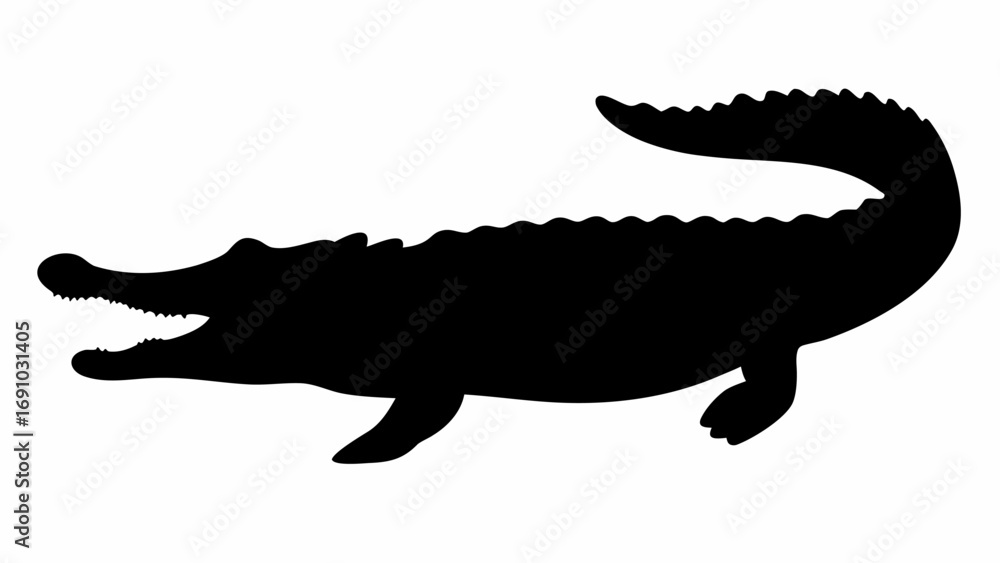 Obraz premium Silhouette of an alligator with its mouth open showing its teeth and a long tail on a white background