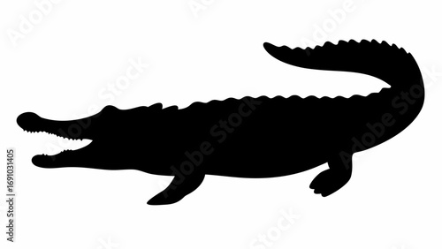 Silhouette of an alligator with its mouth open showing its teeth and a long tail on a white background