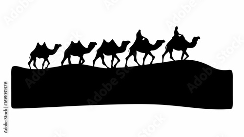 Silhouette of a camel caravan with riders traveling across a dark landscape under a bright white sky