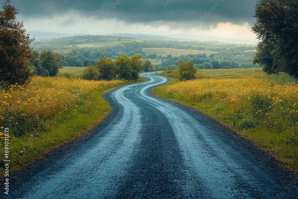 Fototapeta premium Yellow flowers line a road with trees in the background.