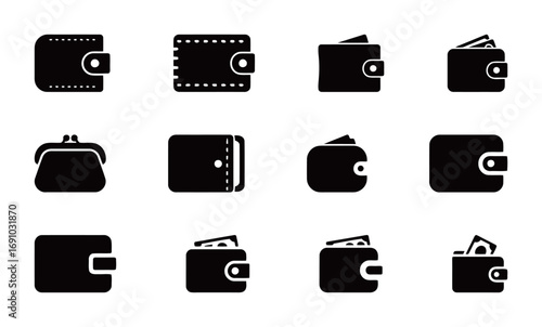 A collection of solid black vector icons showing various wallet and purse styles, with and without cash, on a white background.