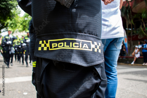 Colombian police uniform pants, Detail of police trousers Colombia, Law enforcement clothing Colombia. High quality photo