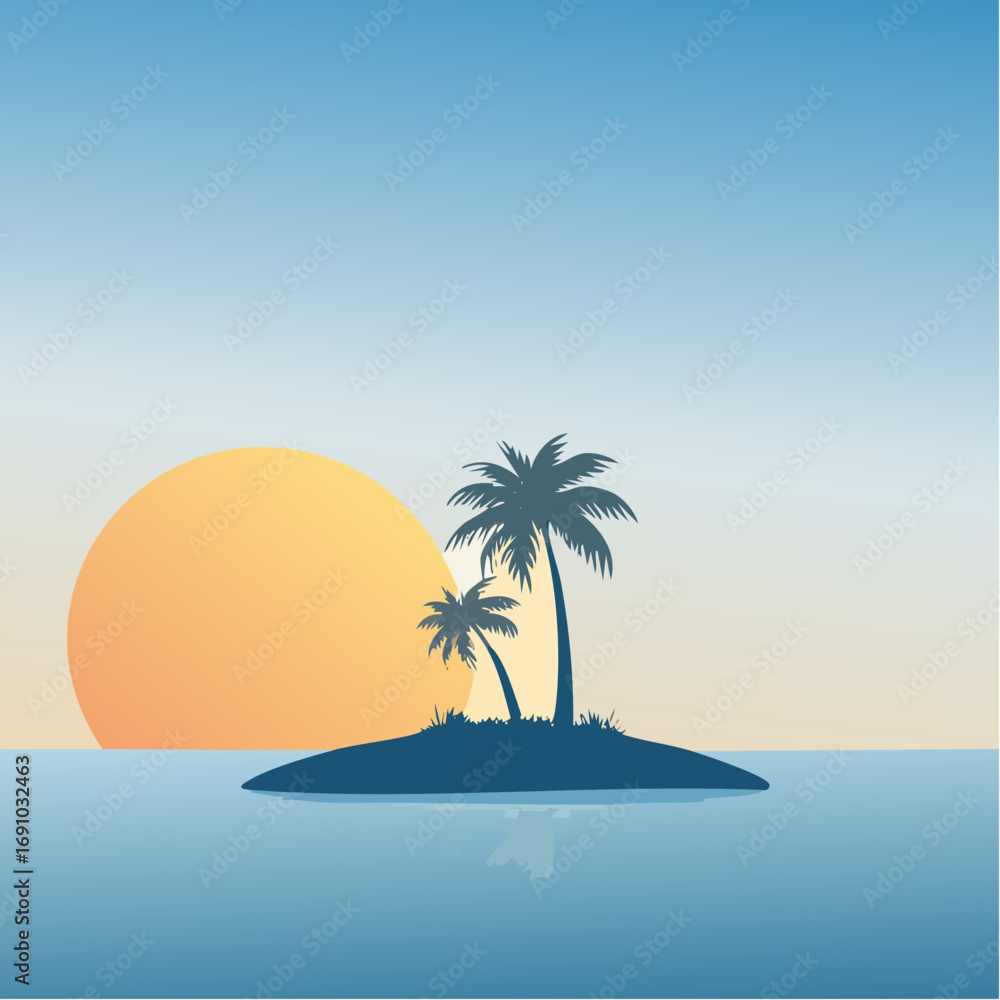 Obraz premium silhouette palm tree on an island, against gradient sky with sun