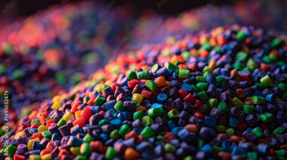 Obraz premium Colorful recycled plastic pellets in modern manufacturing facility