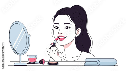 Young woman applying lipstick in front of a mirror with makeup products on a vanity table a beauty routine illustration