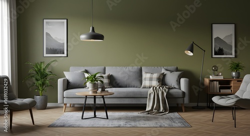 Modern Living Room Interior with Gray Sofa, Armchairs, and Green Wall