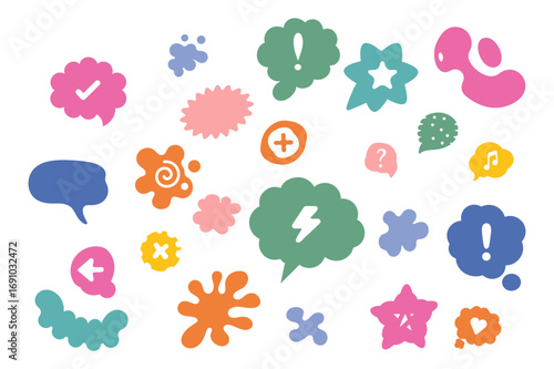 Collection of colorful abstract speech bubbles and shapes with icons