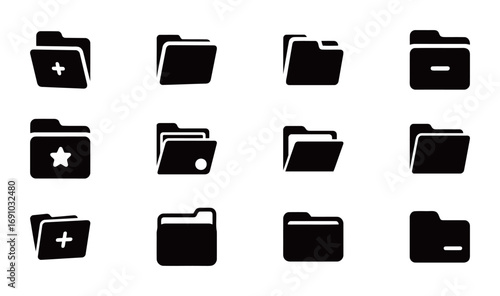 A collection of black solid vector icons showing various folder and document symbols with add and remove signs, for digital organization.