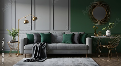 Modern Living Room Interior with Gray Sofa, Green Accent Wall, and Gold Decor