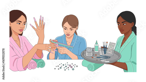 Three diverse women in a nail salon receiving manicures and pedicures with professional tools and supplies displayed on a tray