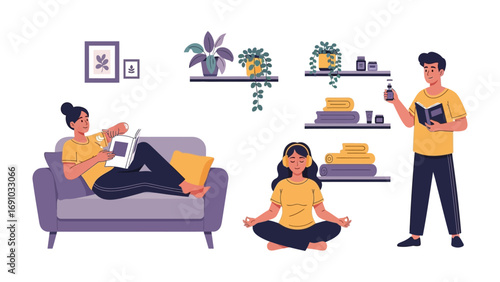 Diverse group of people enjoying relaxing activities in a modern well decorated living room with houseplants and bookshelves