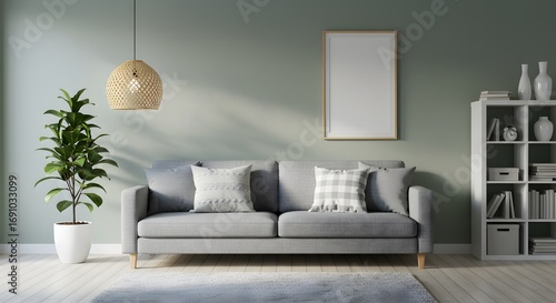 Modern Living Room Interior with Gray Sofa, Indoor Plant, and Bookshelf