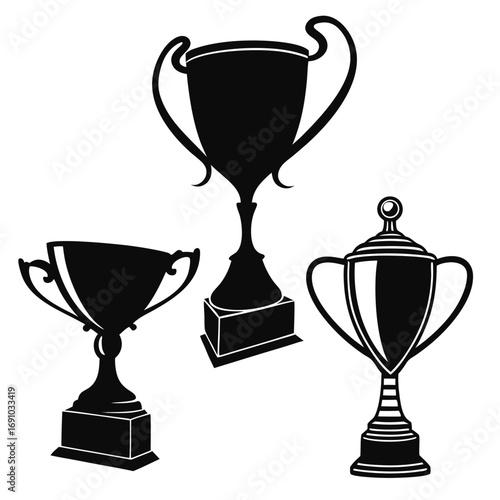 Black Trophy Cup Silhouette Vector Set | Champion Prize Icon Collection