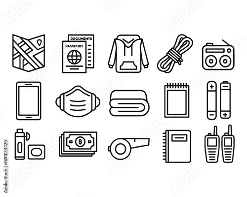 Vector objects set on white background of survival emergency kit for evacuation or disasters