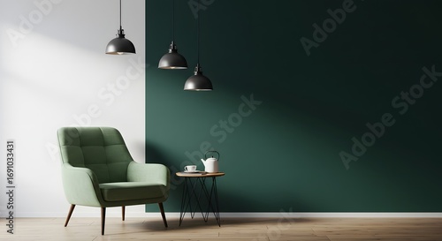 Modern Living Room Interior with Green Armchair, Pendant Lights, and Side Table