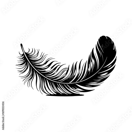 Detailed black feather silhouette isolated on white for creative projects and designs vector