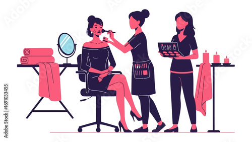 Professional makeup artist applying cosmetics to a woman sitting in a chair with a beauty makeup palette and mirror on a table