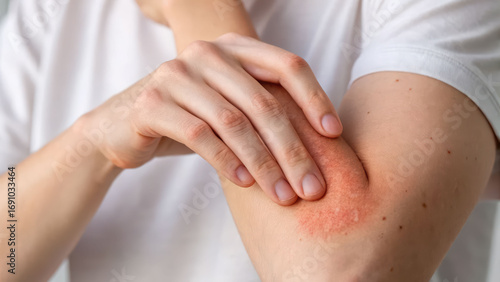 Eczema skin rash itch red arm irritation allergy atopic dermatitis discomfort managed gently by hand touch on elbow sensitive skin care routine
