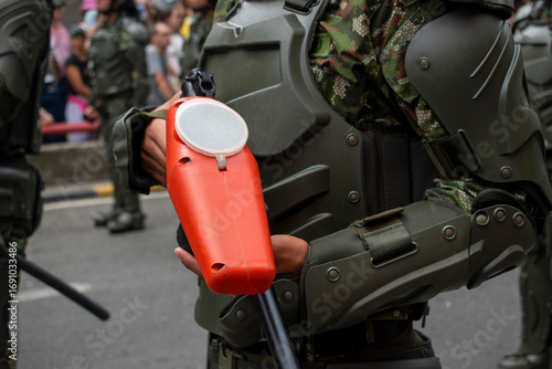 Available force training with paint weapon, Riot police in control practice, Tactical training with paintball markers. High quality photo