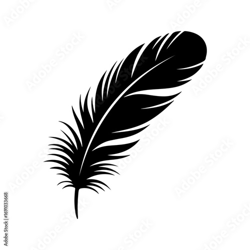 Elegant black silhouette of a single bird feather with detailed barbs and quill isolated vector